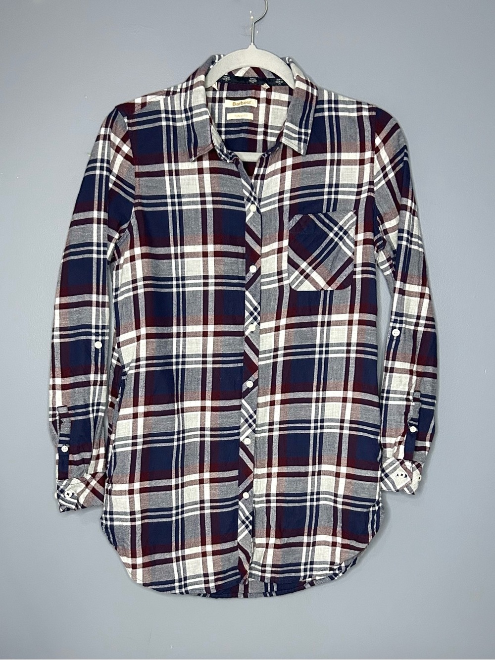 Barbour Windbound‎ Shirt Womens 6 Blue Plaid Tunic Fit Flannel Button Up Pockets